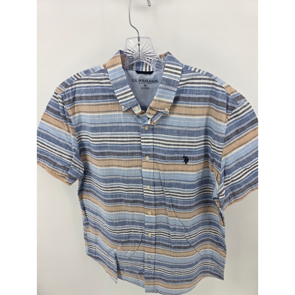 US Polo Assn Mens Short Sleeve Button Down Shirt Blue Tan Striped Size Medium
